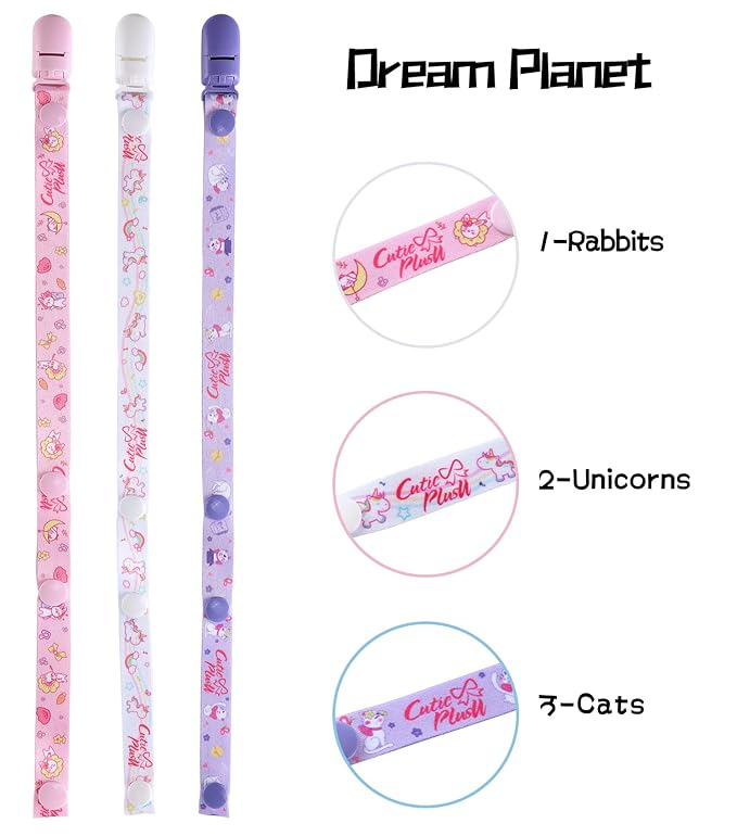 CutiePlusU Adult Size Pacifier Clips 3 Pack-Rabbits, Unicorns and Cats
