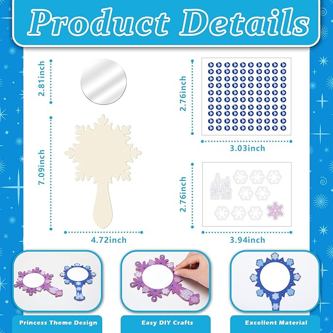 Thyle 16 Pack Princess Wonderland Mirrors Crafts Winter Snow Princess Snowflake Wooden Mirror Craft Kits Decorate Your Own Snowflake Kits for Winter Christmas Party Decorations Birthday Supplies Gift