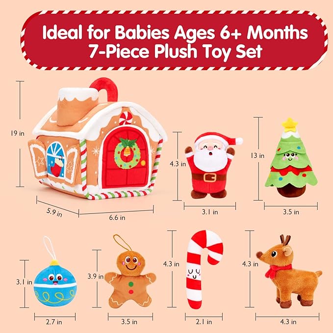 hahaland Baby Toy for 6–12 Months – Musical & Sensory Plush Toy Set with Gingerbread House, Santa, Reindeer & Rattles, Soft Infant Activity Toys, Baby Easter Basket Stuffers