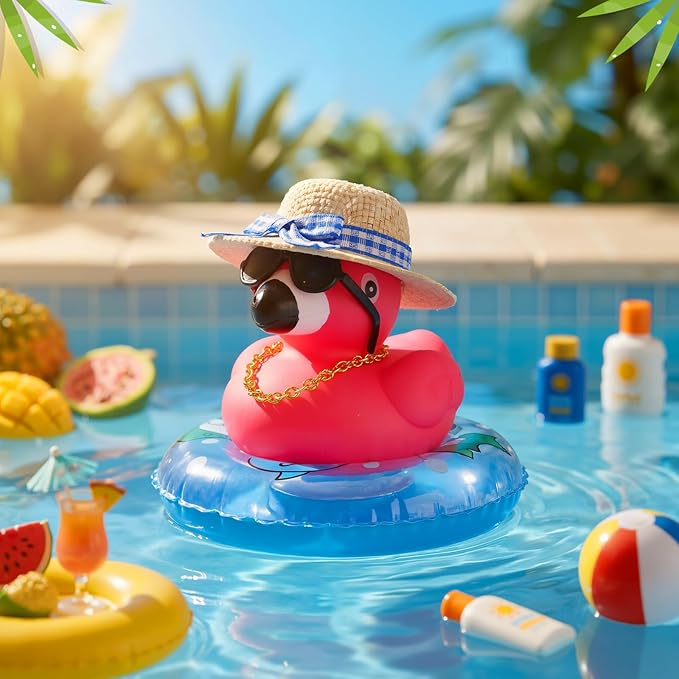 Sotiff Rubber Flamingo Pink Flamingo Rubber Ducks Squeaky Mini Ducks with Mini Straw Hat Swim Ring Gold Chain and Sunglasses for Car Decor Summer Birthday Swimming Party Gift Favor(Vintage)