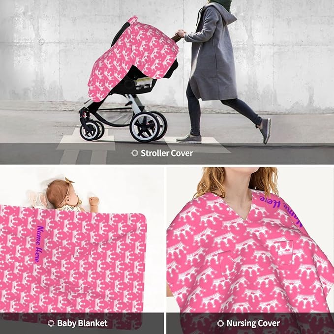 Personalized Fire Princess Crown Baby Car Seat Canopy for Babies with Name, Custom Car Seat Covers for Baby Girls, Peekaboo Opening Minky Nursing Cover Infant Car Seat Canopies for Newborn