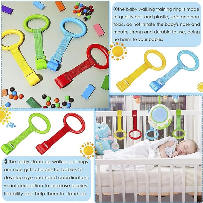 4 PCS Baby Pull Up Rings, Baby Crib Pull up Rings, Kids Walking Exercises Assistant Stand Up Rings Baby Cot Hanging Rings for Infant Baby Toddler Practice Tool