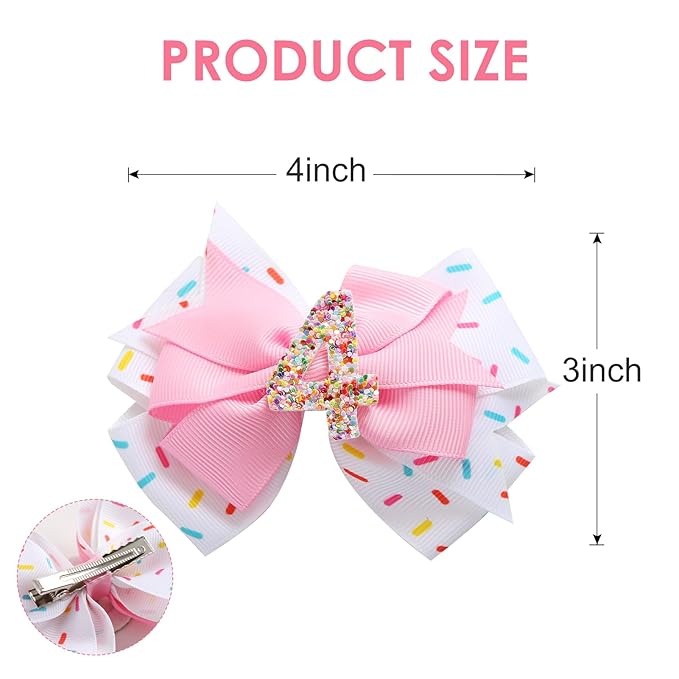 Birthday Hair Bow for Baby Girls 1 2 3 4 5 6 Years Sprinkle Decorations Confetti Ice Cream Party Pink Hair Accessories for Four 4th Birthday