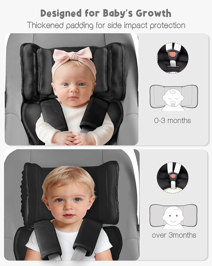 Infant Car Seat Insert with 2 Headrest for Doona|Graco, Thickened Baby Car Seat Head Support for Newborn, Reveable Baby Car Seat Cushion for Side Impact Protection, Black