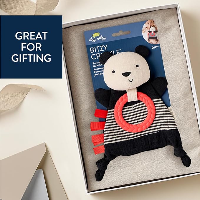 Itzy Ritzy - Bitzy Crinkle Sensory Toy for Babies & Toddlers — Features Crinkle Sound, Soft Braided Teething Toy Ring & Textured Ribbons — Gender Neutral Baby Item for Ages 0 Months & Up, Panda