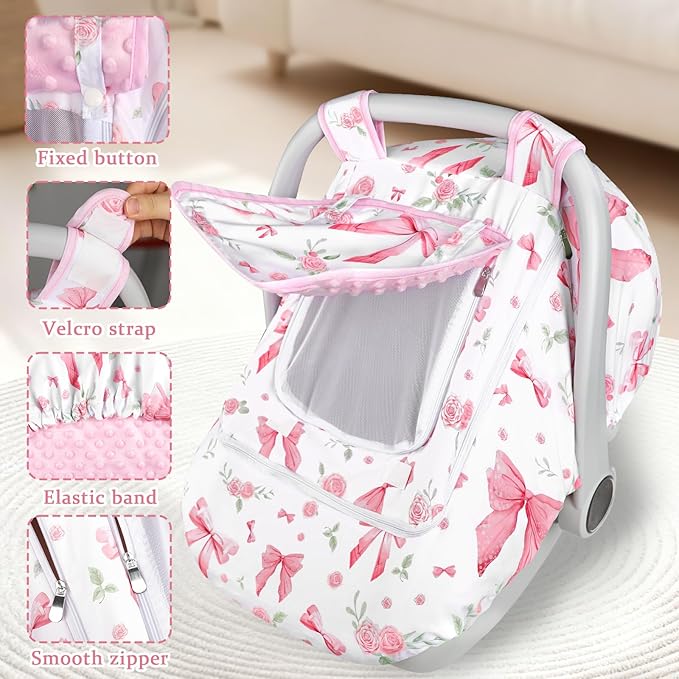Car Seat Cover Baby Girls Winter, Dual Zipper Infant Carseat Covers with Breathable Mesh, Universal & Warm Protection Canopy Snug Fit Baby Carseats & Strollers, Pink Rose