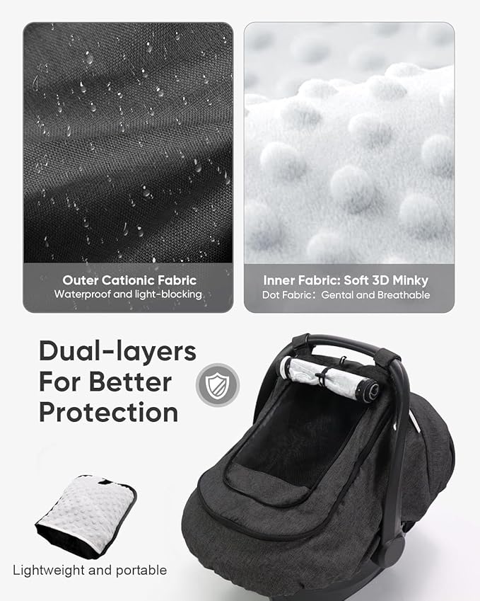 TinlyFinly Waterproof Car Seat Cover for Baby, 2-Layer Car Seat Rain Cover with Clear Window & Sunshade & Mesh Cover, Universal Infant Carseat Canopy for Stroller, Protect from Rain and Snow - Black