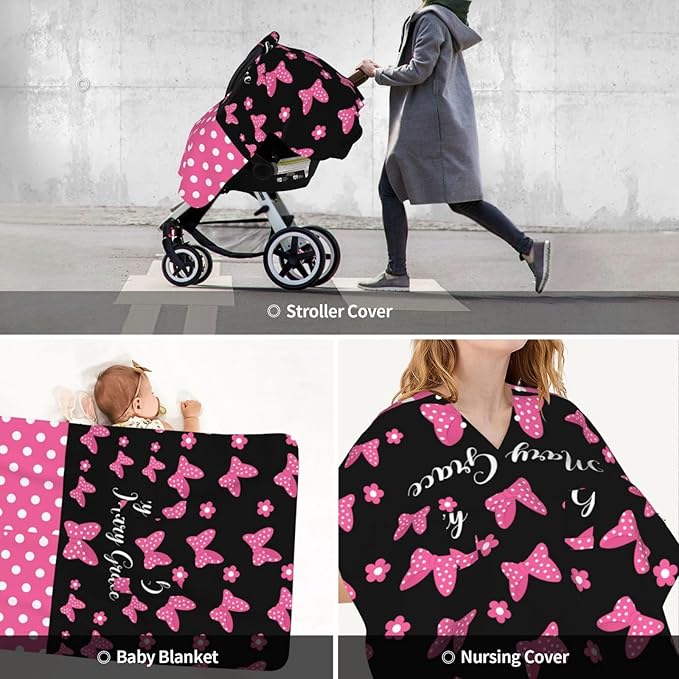 Personalized Baby Car Seat Canopy with Name, Pink Bow Nursing Cover & Infant Car Seat Canopy, Shower Gift for Newborn Baby Girls