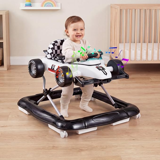 BABY JOY 4-in-1 Baby Walker, Foldable Activity Walker with Push Mode, Adjustable Height, Lights, Anti-Rollover, Baby Walker with Wheels for Boys Girls 6-18 Months (White)