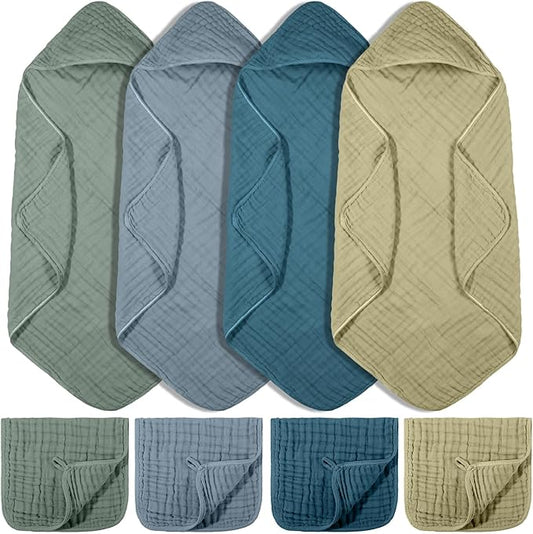 VitalCozy 8 Pcs Baby Muslin Hooded Bath Towels and Washcloths, Muslin Hooded Baby Towels Absorbent Blankets for Gift Newborn Infant Shower (Dark Green,Dark Blue)