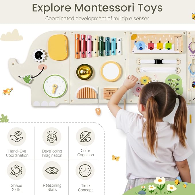 Elephant Activity Wall Busy Board Panels,Wooden Montessori Learning Activity Center Sensory Toys Wooden Sensory Wall Panel for Kids Ideal Furniture for Playroom Daycare Dentist Waiting Room Nursery