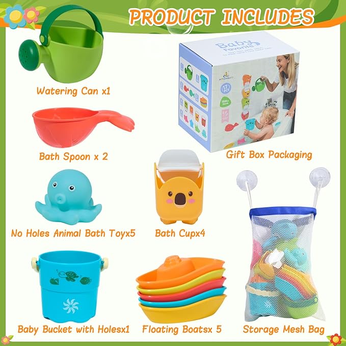 Mold Free Bath Toys, 17PCS | Easy Clean Easy-Grip Baby Bath Toys for Kids Ages 1-3 | Bath Boats Cups Watering Can Tub Toy for Toddlers Age 2-4 | Bathtub Pool Water Toys for 1+ Year Old Boys Girl Gifts