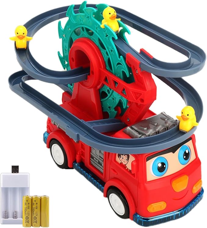 Fire Truck Climbing Slide Music Toy, Electric Fire Truck Climbing Stairs Toy with Slide for Ages 3-8, Fire Trucks Roller Coaster Toys with Lights & Music for Preschool Children's Birthday Gifts (Red)