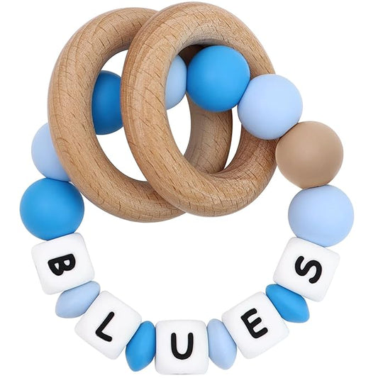 Personalized Teether with Name for Baby, Customizable Teethers with Wooden Teething Rings (Blue)