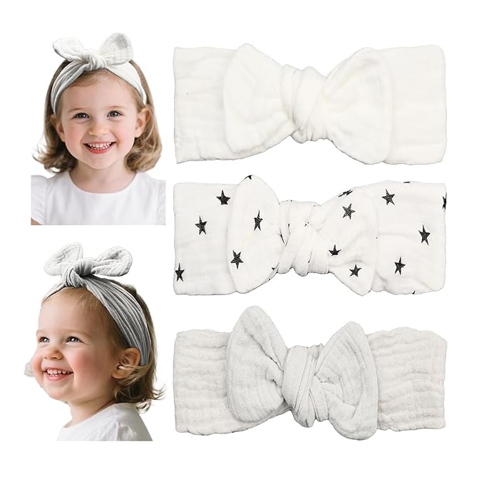Muslin Cotton Hair Bow Headband, Top Knotted Solid Floral Headwrap for Baby Girls, Newborns, Infants and Toddlers(CJwhiteset)