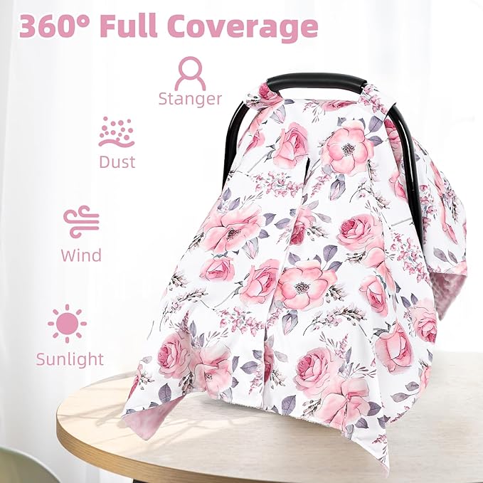 Car Seat Cover Baby, Infant Car Seat Insert, Peekaboo Opening Carseat Covers Baby, Universal Car Seat Canopy Cover & Nursing Cover, 360° Full Coverage Sun & Wind Protector, Floral