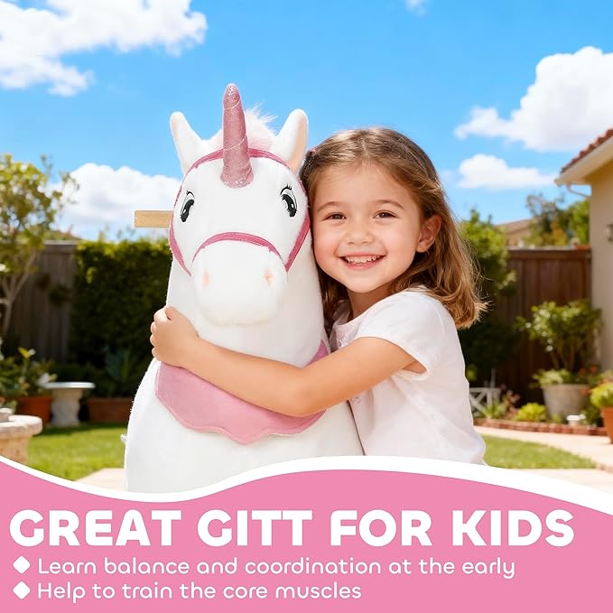Qaba Ride on Horse for Kids 4-7 Years, 37.8 Inch Height Plush Riding Unicorn, Walking Horse Animal with Rolling Wheels for Active Play, No Batteries Required, White