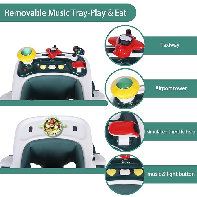 Kinder King Baby Walker with Music & Lights, 5 in 1 Baby Activity Walker with Wheel, Adjustable Height & Seat, Learning-Seated & Toddler Walk-Behind, Safety Bumper, Infant Walker Anti-Rollover, Green