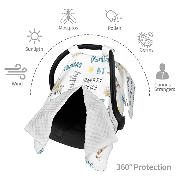 Custom Baby Car Seat Canopy Personalized Car Seat Covers with Name for Baby Boys Girls Customized Cow Nursing Breastfeeding Cover Infant Carseat Canopies Newborn Minky Baby Blanket