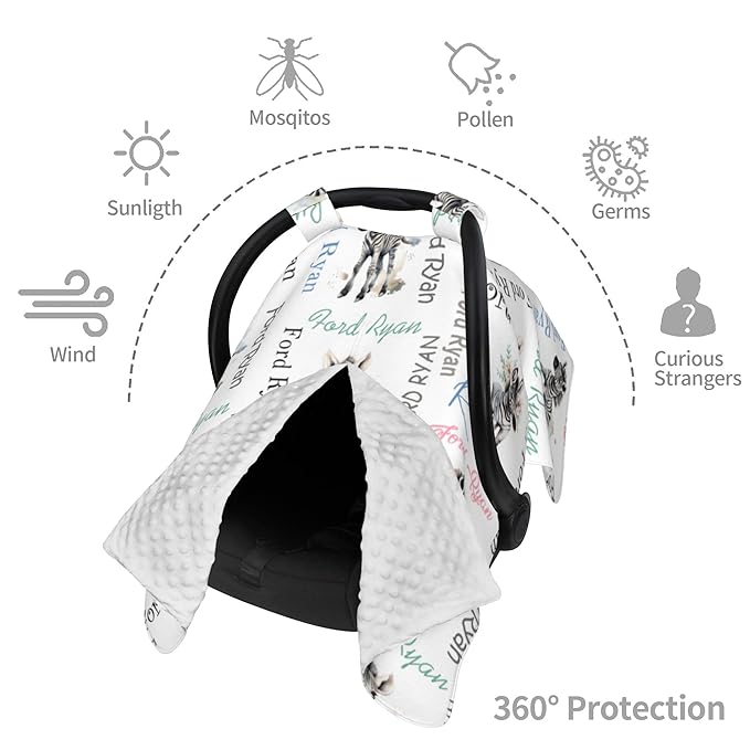 Personalized Baby Car Seat Cover Winter Custom Minky Carseat Cover Boy Girls with Name Zebra Carseat Canopy Customized Car Seat Canopy Infant Carrier Covers Nursing Cover Toddler Blanket