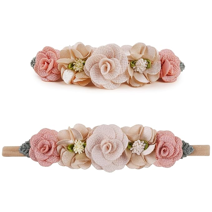 Baby Girl Flower Headbands and Bows, Stretchy Soft Nylon Floral Crown, 3pcs Handmade Hair Accessories for Newborn Infant Toddler