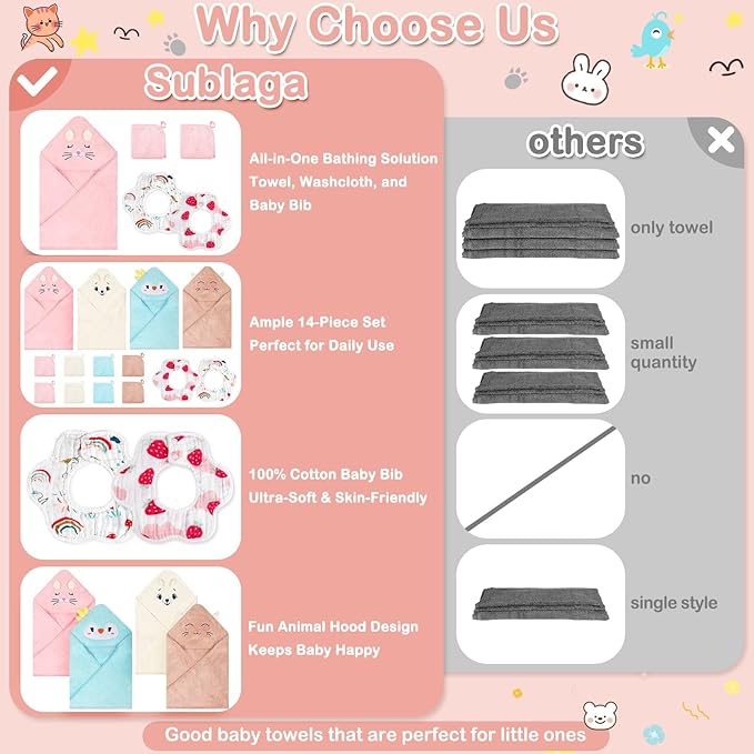 Sublaga 14 Pcs Baby Towels, Soft Baby Towel and Washcloths Set, 4 Pcs 32x32 in Hooded Bath Towel, 8 Pcs Baby Washcloths and 2 Pcs Cotton Baby Bibs for Newborns, Toddlers, and Kids for Boys and Girls