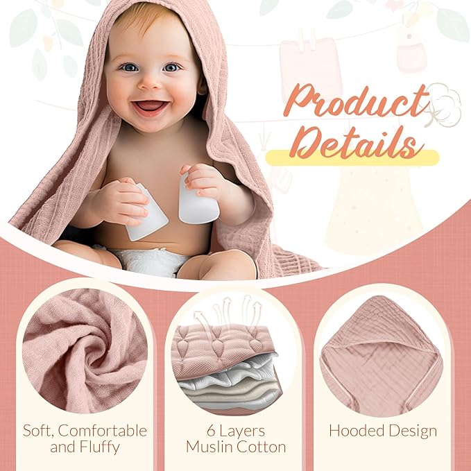 VitalCozy 8 Pcs Baby Muslin Hooded Bath Towels and Washcloths, Muslin Hooded Baby Towels Absorbent Blankets for Gift Newborn Infant Shower (Pink,White)
