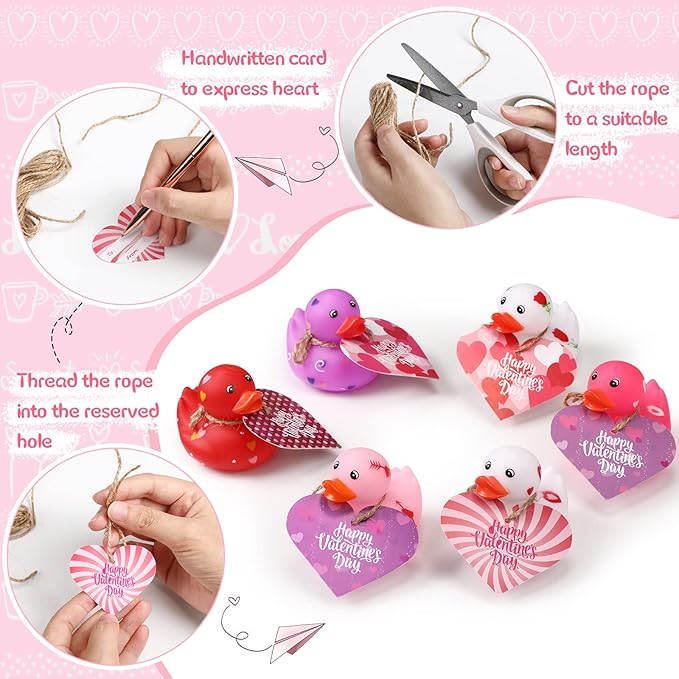 Jerify 48 Pcs 2 Inch Valentines Ducks for Kids Classroom Exchange Gifts Valentine's Day Rubber Ducks with Gifts Cards Mini Heart Rubber Duckies Valentines Party Favors Toys, 6 Styles (Pastel)