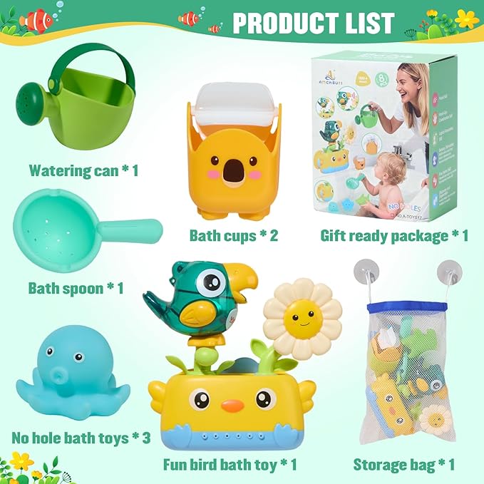 Baby Bath Toys for Kids Ages 1-3 | Fun & Easy Grip Mold Free Bath Toys Toddler 2-4 | Bath Cups Spoon Watering Can for Baby 12-18 Months | Toddler Bath Tub Pool Water Toys for 1+ Year Old Boys Gift