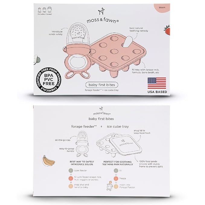 Moss and Fawn Baby's First Bites Bundle - Silicone Frozen Breast Milk Popsicle Kit with Forage Feeder & Teething Popsicle Ice Cube Tray - BPA, PVC, & Lead-Free - Bloom