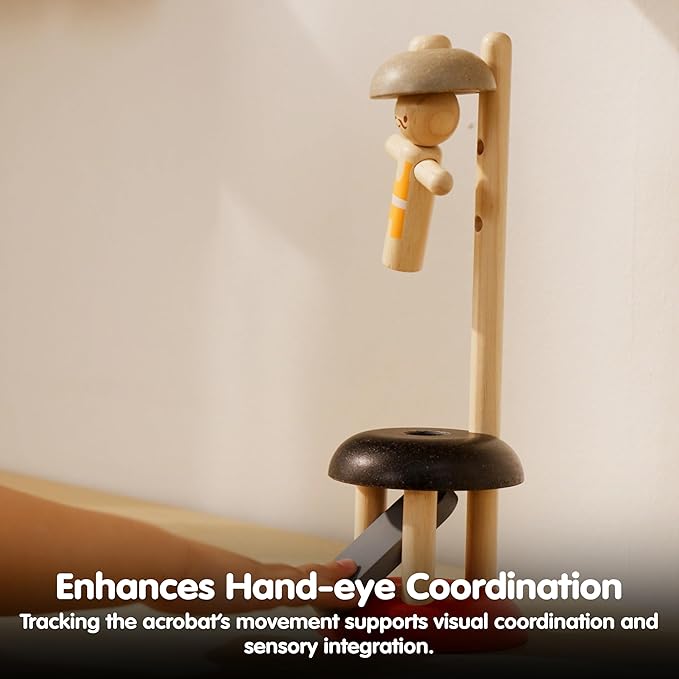 PlanToys® Wooden Jumping Acrobat Toy | Montessori Inspired Cause & Effect Toy for Force Control, Coordination & Reaction Play | Eco Friendly Push & Jump Learning Activity