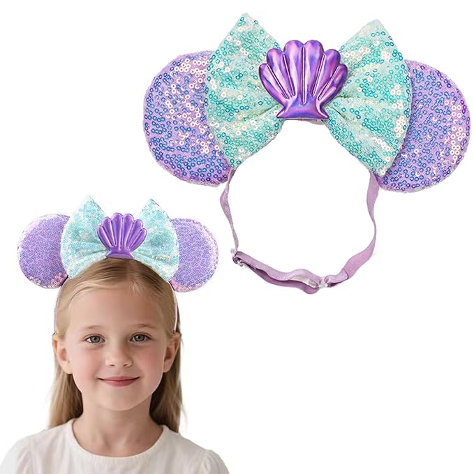 Adjustable Mermaid Mouse Ears Hair Bow Headband, Elastic Hairband Party Headwear for Baby Girls Infant Toddlers
