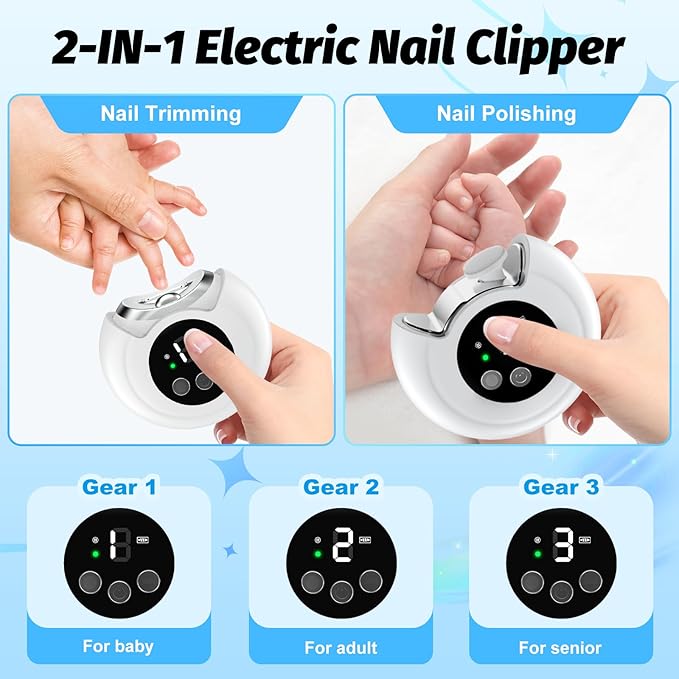 2-in-1 Electric Nail Clipper, Baby Nail Clipper with File & 3 Speed Gears, Baby Nail Trimmer Electric with LED Light & Storage Box, Automatic Nail Clippers for Baby, Adult, Seniors (White)