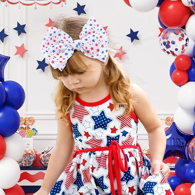 4th of July Toddler Nylon Headbands - Large Patriotic Star Bows, Hair Accessories for Newborn Infant and Baby Girls