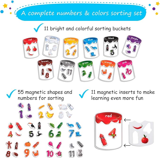 66 PCS Magnetic Color Sorting Set, Magnetic Numbers & Colors Sorting Toys for Toddlers, Numbers Color Sorting Magnets for Fridge and Whiteboard, Recognition Sorting Set - Simply Magic