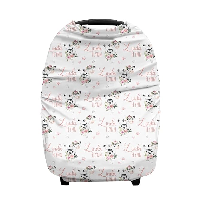 Personalized Baby Car Seat Cover for Girls, Custom Floral Cow Pink Nursing Covers with Name, Universal Fit, Water Resistant, Polyester, White