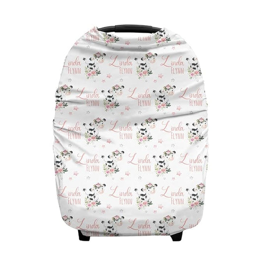 Personalized Baby Car Seat Cover for Girls, Custom Floral Cow Pink Nursing Covers with Name, Universal Fit, Water Resistant, Polyester, White