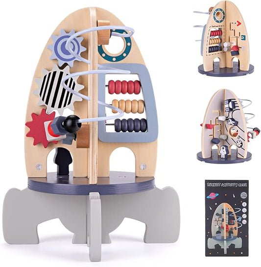 Wdmiya Space Wooden Activity Cube Toys for Baby, Montessoritoys for 1 Year Old Boy & Girl Birthday Gifts, Sensory and Educational 1st Birthday Gifts, Busy Board Toys for Baby Boy 6-18 Months (Rocket)