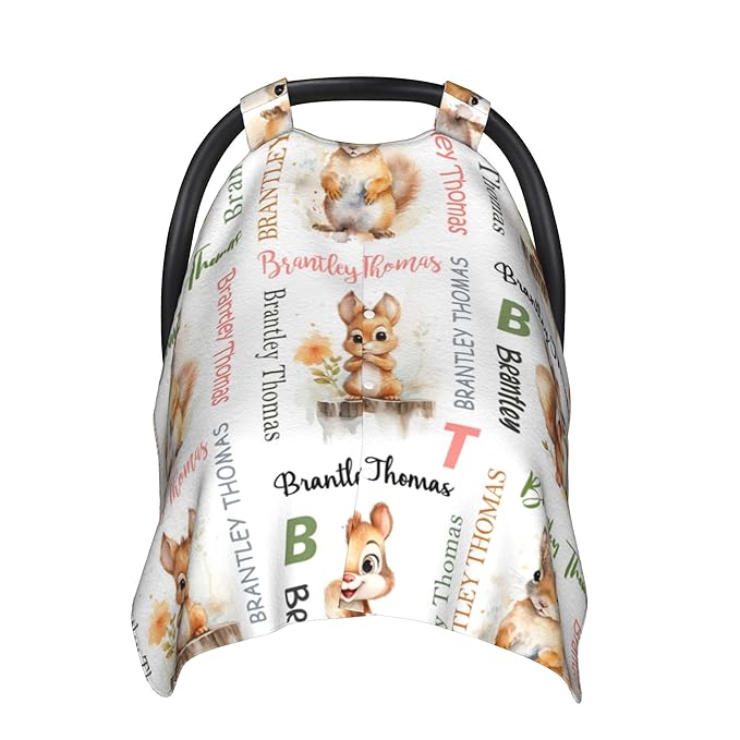 Personalized Winter Baby Car Seat Cover with Name Squirrel Winter Car Seat Cover for Baby Seat or Stroller Custom Infant Car Seat Covers Minky Blankets Nursing Cover Breastfeeding Scarf