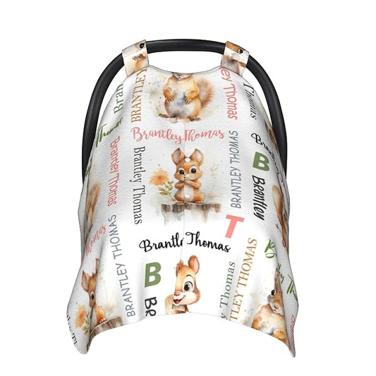 Personalized Winter Baby Car Seat Cover with Name Squirrel Winter Car Seat Cover for Baby Seat or Stroller Custom Infant Car Seat Covers Minky Blankets Nursing Cover Breastfeeding Scarf