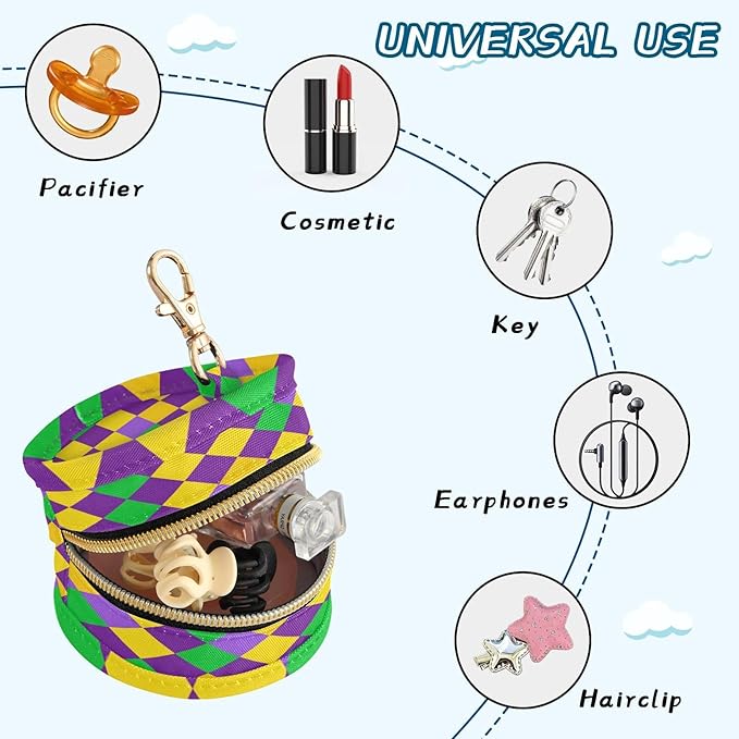 Pacifier Holder with Clip Pacifier Case for Diaper Bag Round Baby Pacifier Pouch Box Bag Portable Mardi Gras Argyle Purple