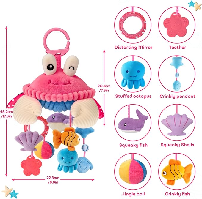 Car Seat Toys for Babies 0-6 Months, Hanging Sensory Crab Plush Toy for Stroller, Crib & Play Gym, Montessori Infant Activity Toy with Mirror, Rattle & Teether, Newborn Baby Gifts 0-12 Months (Pink)