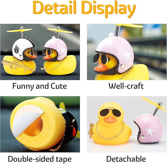 wonuu Rubber Duck Car Ornaments Cool Yellow Duck Car Dashboard Decorations Squeaky Glasses Duck with Propeller Helmet for Car ccessories Dashboard (Y-White&Pink-Yellow G)