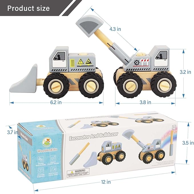 Construction Vehicles for Toddlers, 2 Pcs Wooden Detachable Assemble Bulldozer and Excavator, Kids Vehicle Toys Hand Push Car Toys for 3 Years Old Boys Girls