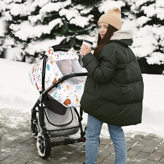 Baby Car Seat Cover for Boys, Infant CarSeat Covers with Mesh Man Fai Sky, Multi-Functional Newborn Canopy Breathable for Summer Winter, Windproof & Universal Fit, Animal