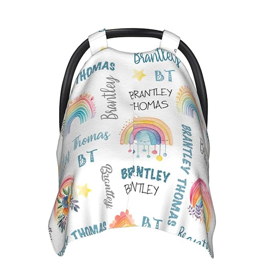 Personalized Winter Baby Car Seat Cover with Name Rainbow Winter Car Seat Cover for Baby Seat or Stroller Custom Infant Car Seat Covers Minky Blankets Nursing Cover Breastfeeding Scarf