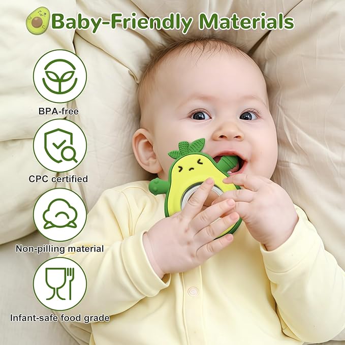 MISSLILI Teething Toy for Babies, Silicone Avocado Shape with Rattle Teether for Infants 0-3-6-12 Months, Sensory Chew Toys Teething Relief for Boys and Girls, BPA Free