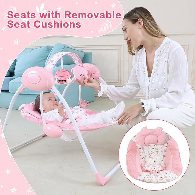 Baby Swing for Baby Girl,Newborn Swing with Music,5 Speed Levels,Timing Setting,Soft Cushion,Pink Foldable Infant Swing for Indoor Outdoor Use 0-9 Months
