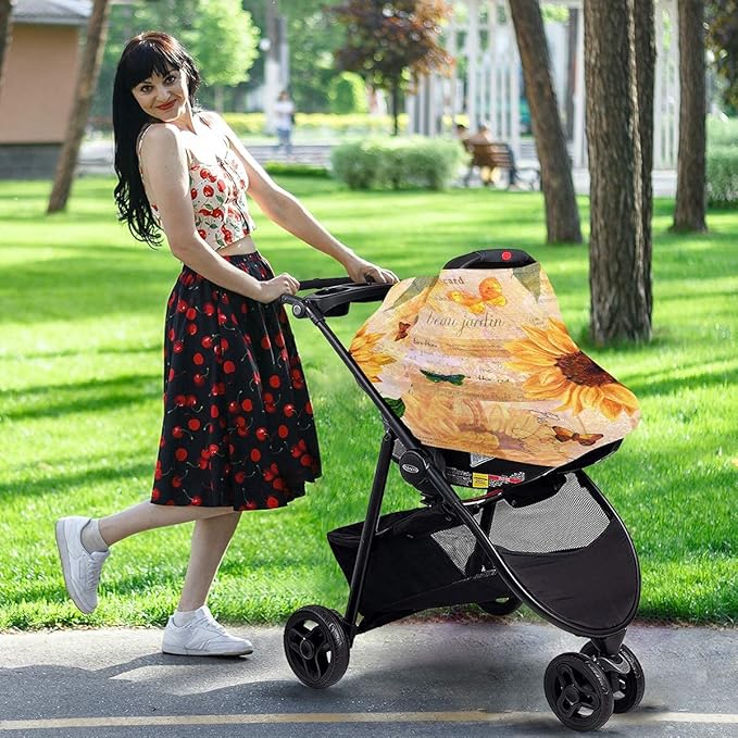 Vintage Yellow Sunflower and Butterfly Baby Car Seat Covers, Nursing Cover Breastfeeding Scarf Soft Breathable Stretchy Coverage, Infant Stroller Cover for Boys Girls