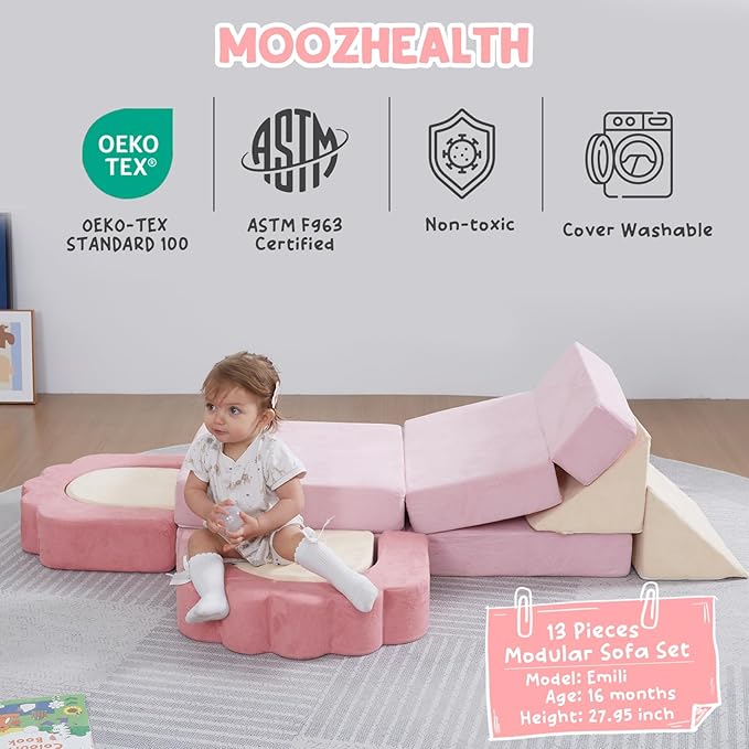 13 Pieces Foam Climbing Blocks for Toddlers|Floral Baby Soft Play Gym,Kids Indoor Crawing Climbers & Play Structures for Bedroom,Livingroom & Playroom,Pink & Beige